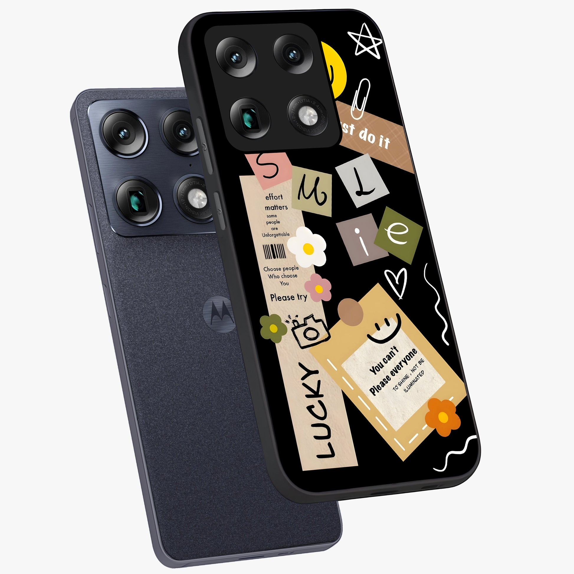 Lucky Aesthetic Collage Glass Case displayed in angled mockup highlighting stylish collage pattern with modern aesthetic vibe.