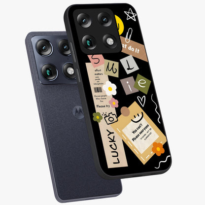 Lucky Aesthetic Collage Glass Case displayed in angled mockup highlighting stylish collage pattern with modern aesthetic vibe.