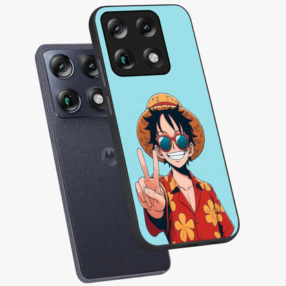 Luffy Summer Anime Vibe Glass Case displayed in angled mockup highlighting energetic anime illustration with summer vibe aesthetic.