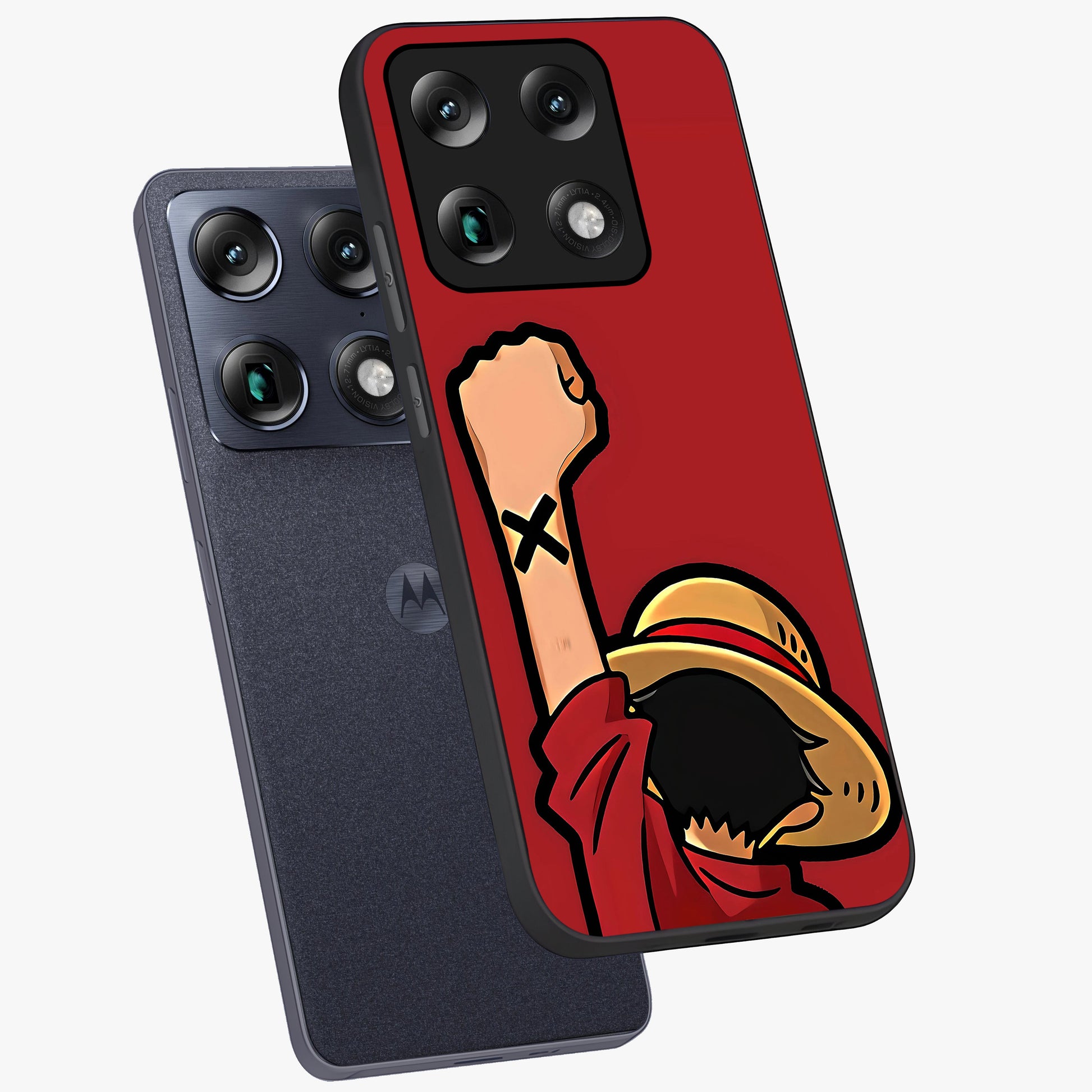 Luffy X Spirit Glass Case displayed in angled mockup highlighting powerful anime design with energetic action aesthetic.