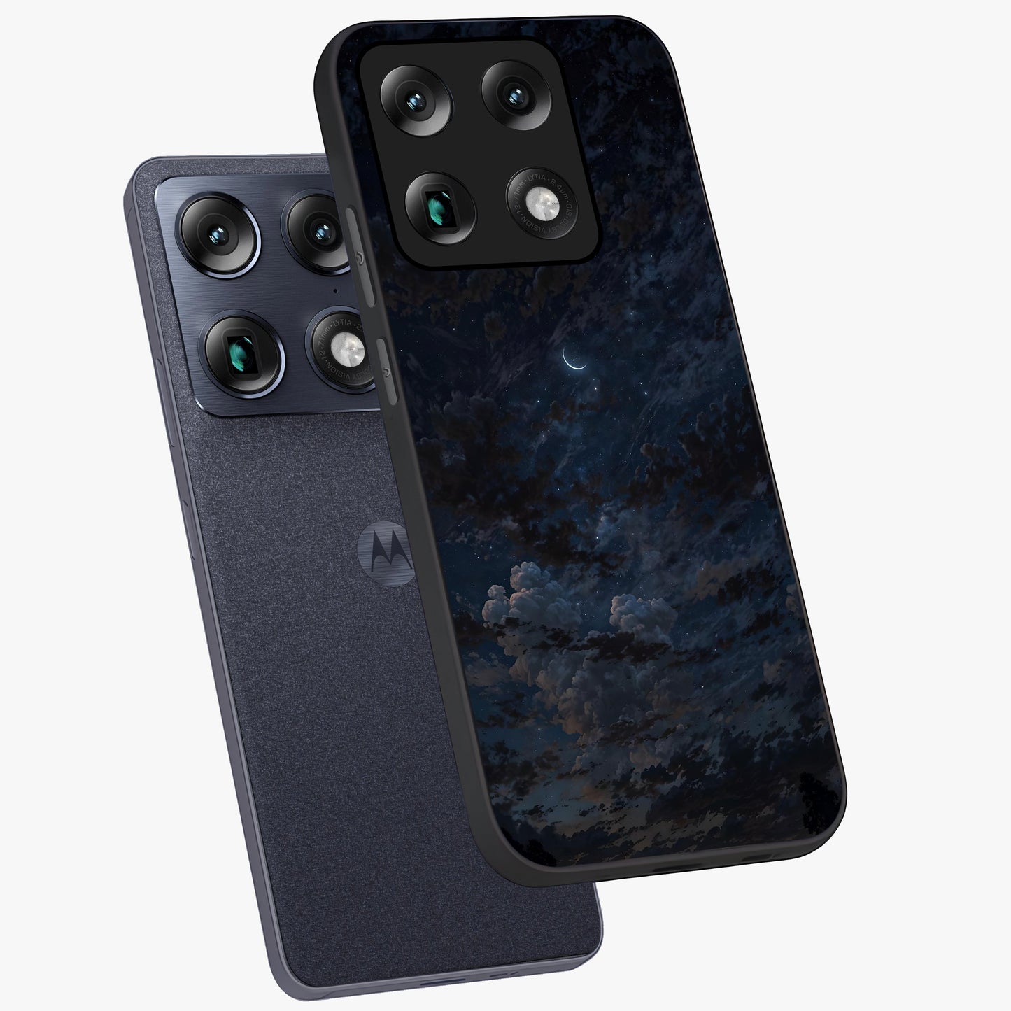 Lunar Veil Silence Glass Case displayed in angled mockup highlighting soft lunar design with peaceful celestial aesthetic.