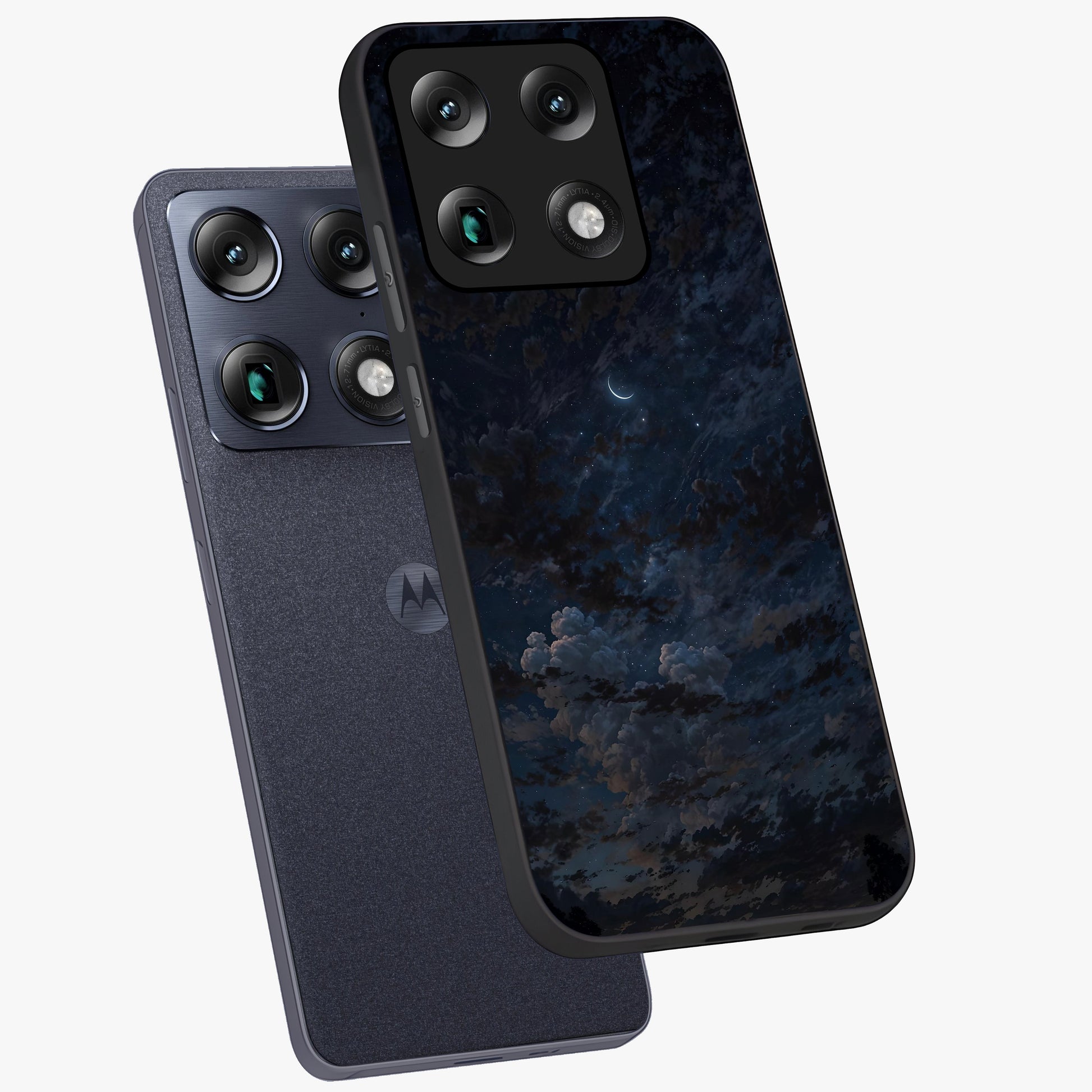 Lunar Veil Silence Glass Case displayed in angled mockup highlighting soft lunar design with peaceful celestial aesthetic.