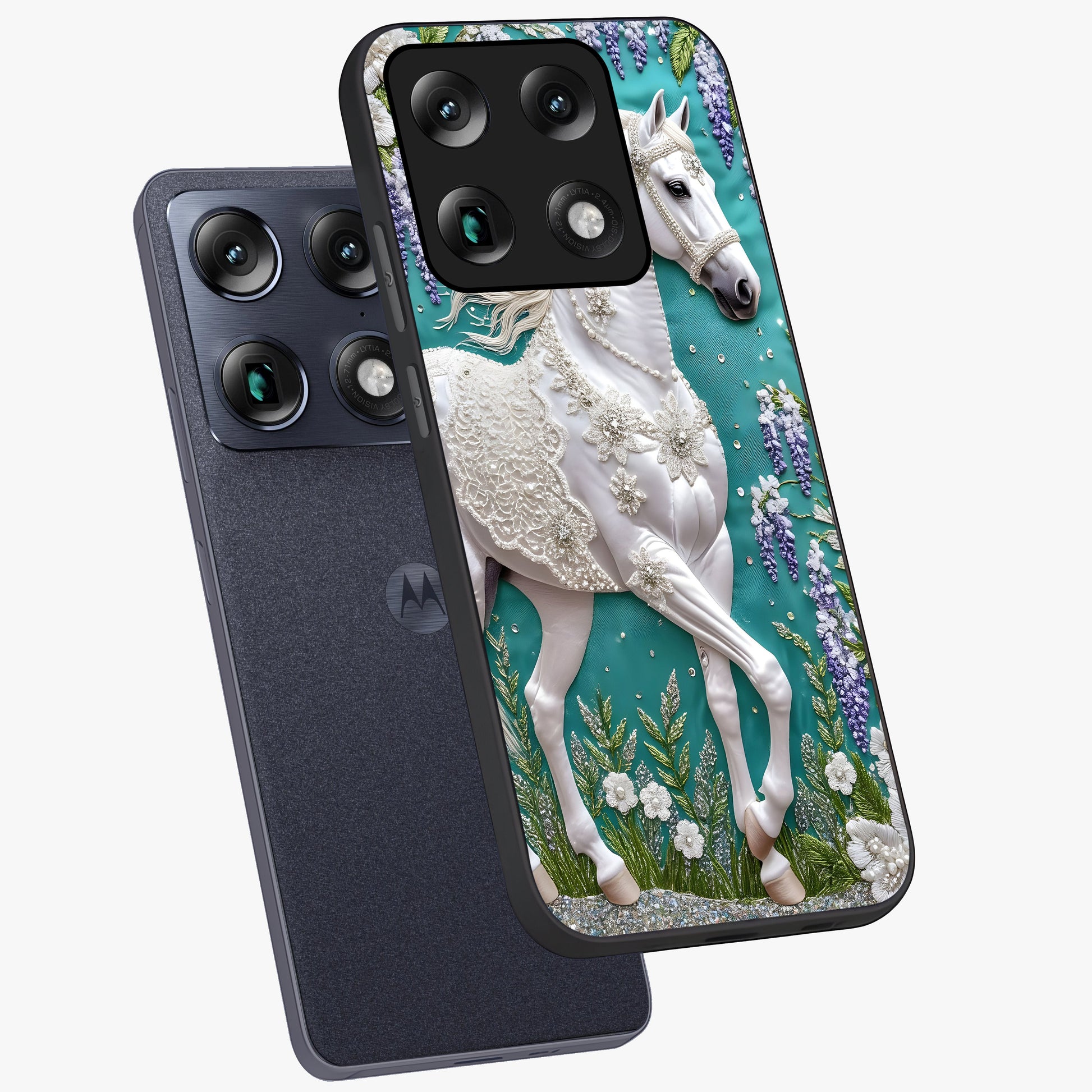 Majestic Floral Stallion Glass Case displayed in angled mockup highlighting majestic stallion illustration with elegant floral aesthetic.