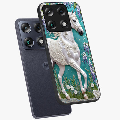 Majestic Floral Stallion Glass Case displayed in angled mockup highlighting majestic stallion illustration with elegant floral aesthetic.