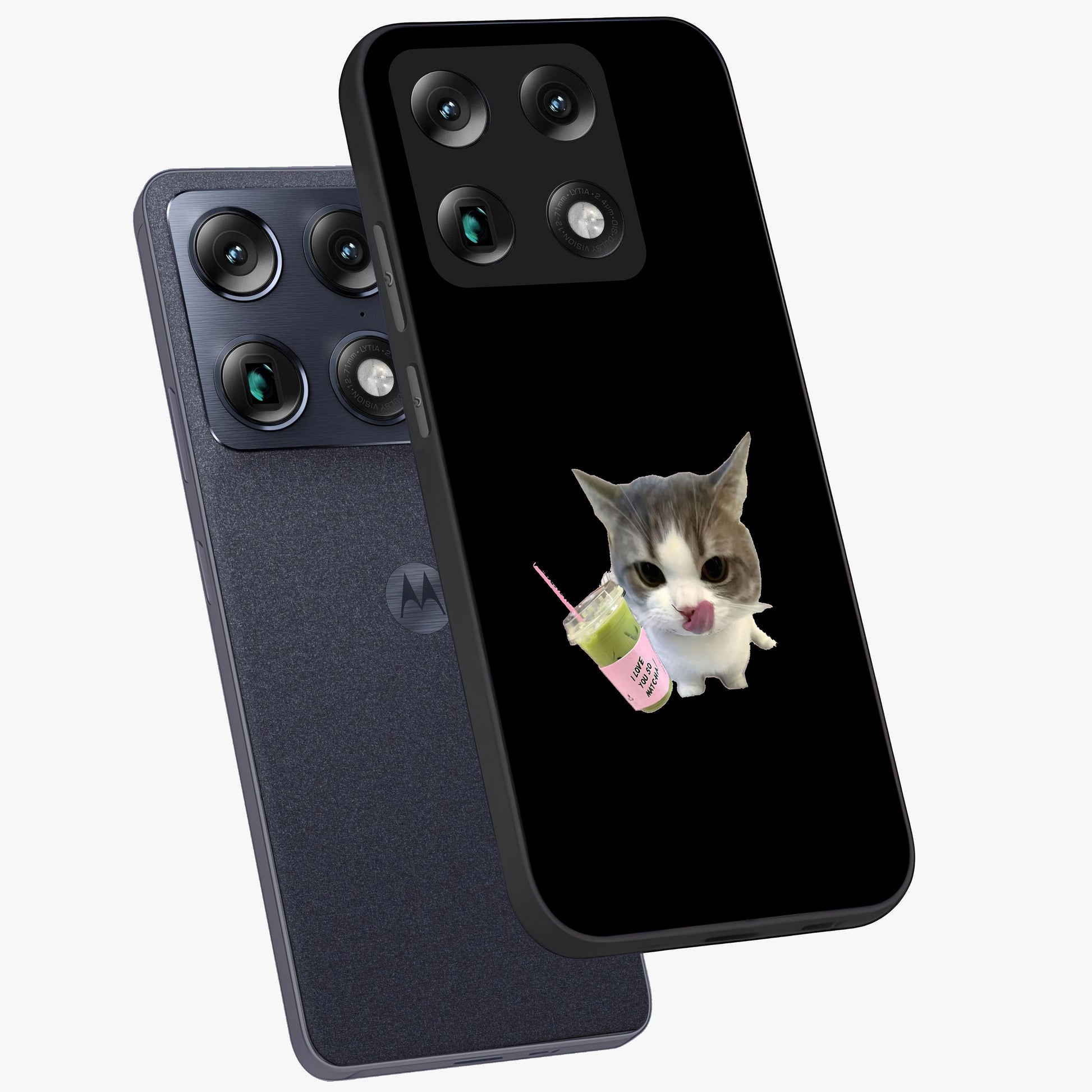 Matcha Cat Style Glass Case displayed in angled mockup highlighting playful feline design with pastel matcha aesthetic.