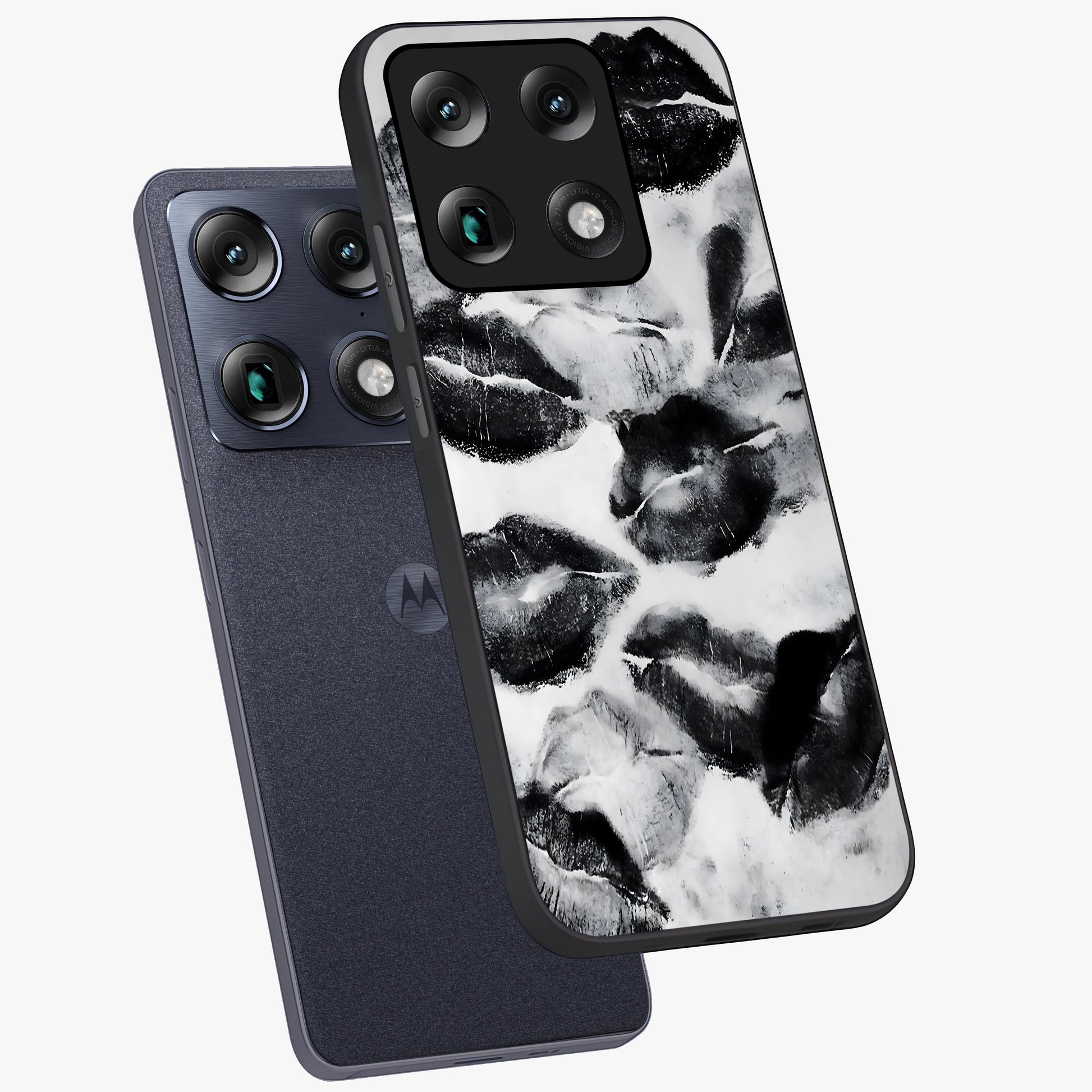 Midnight Kiss Marks Glass Case displayed in angled mockup highlighting playful romantic design with bold midnight aesthetic.