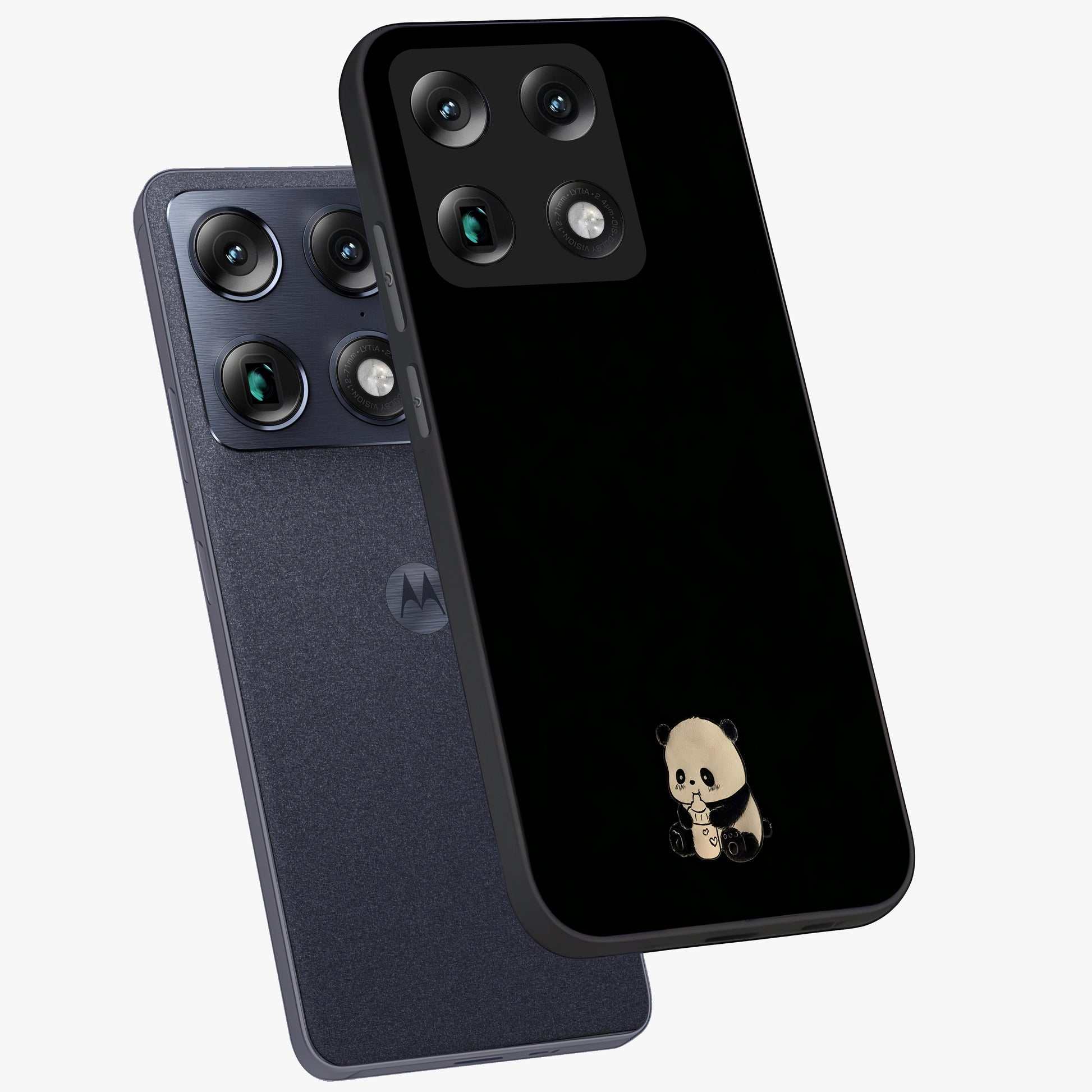 Midnight Panda Love Glass Case displayed in angled mockup highlighting adorable panda illustration with midnight aesthetic.