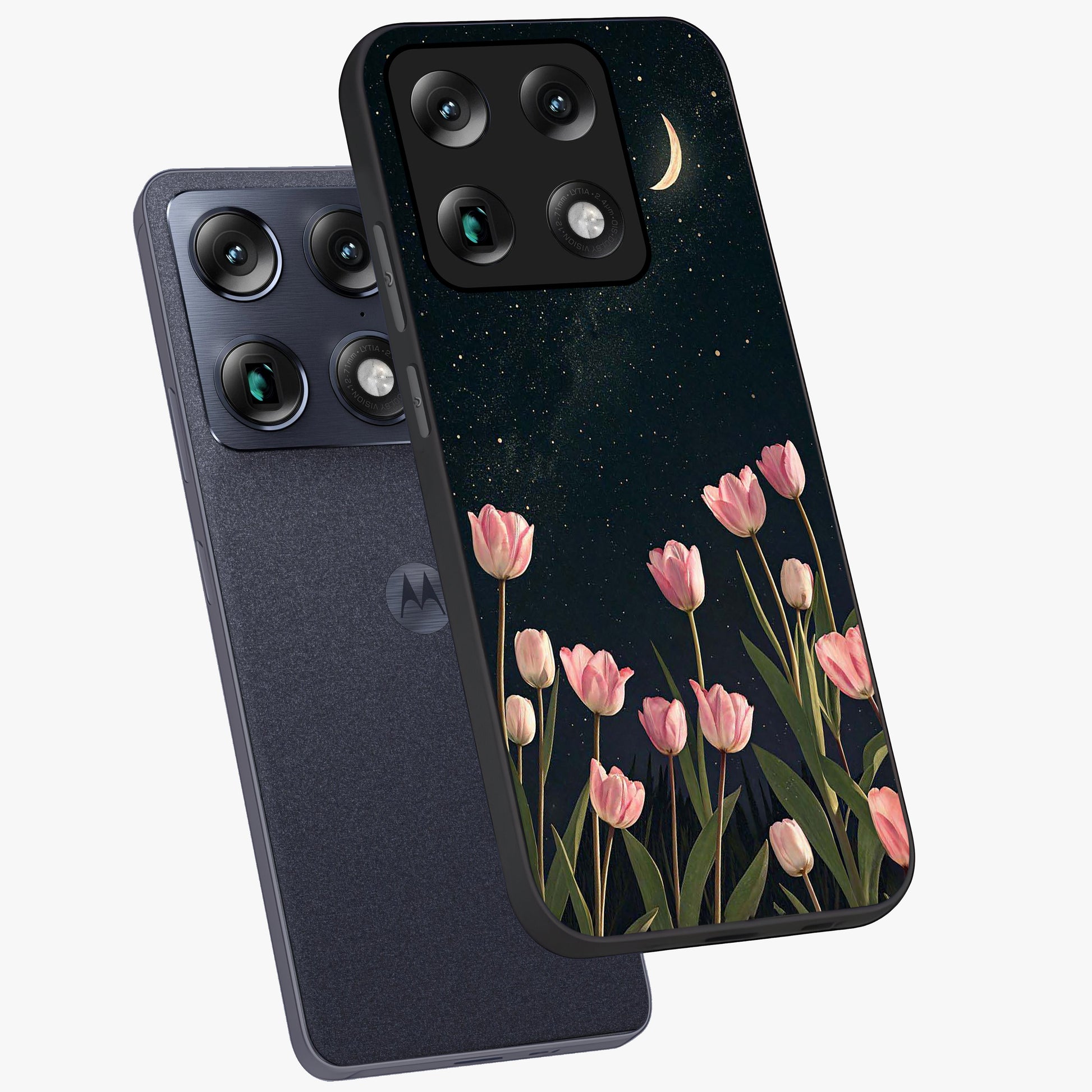 Midnight Tulip Whispers Vibe Glass Case displayed in angled mockup highlighting delicate tulip design with midnight floral aesthetic.