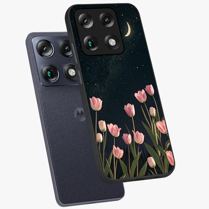Midnight Tulip Whispers Vibe Glass Case displayed in angled mockup highlighting delicate tulip design with midnight floral aesthetic.