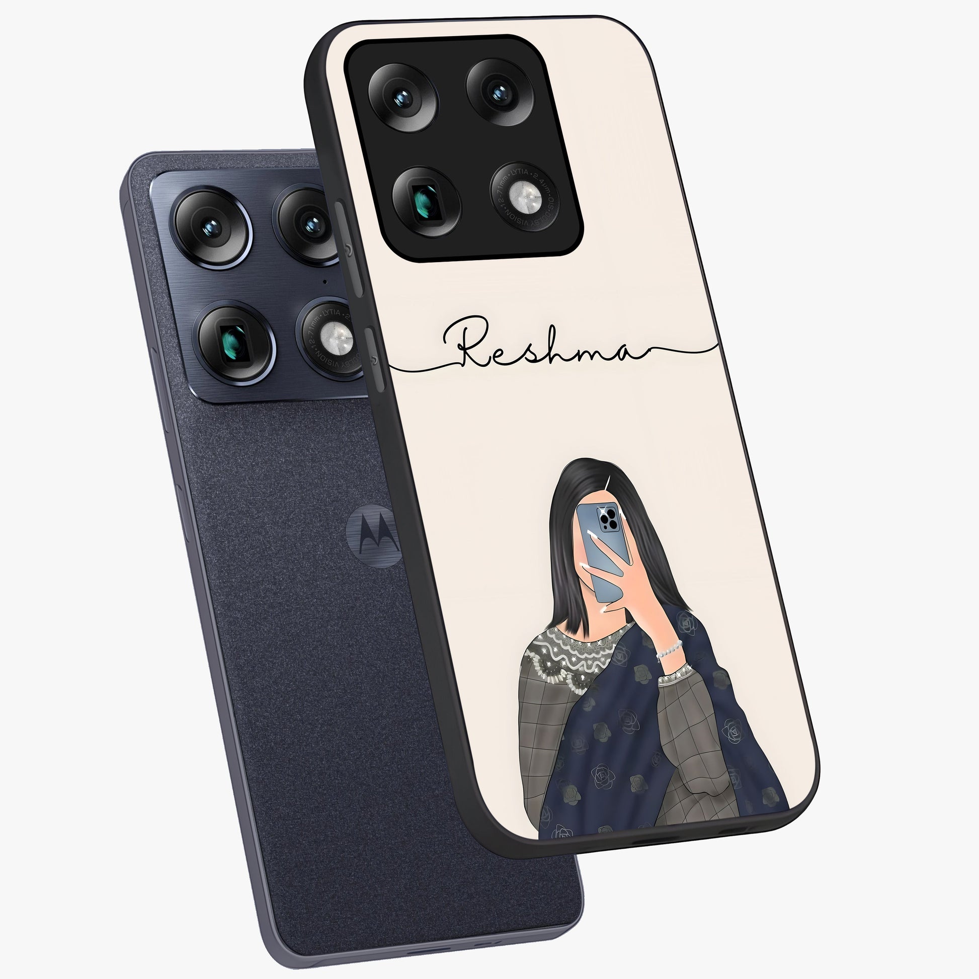 Mirror Mood Muse With Custom Name Glass Case displayed in angled mockup highlighting aesthetic mirror inspired design with custom name feature.