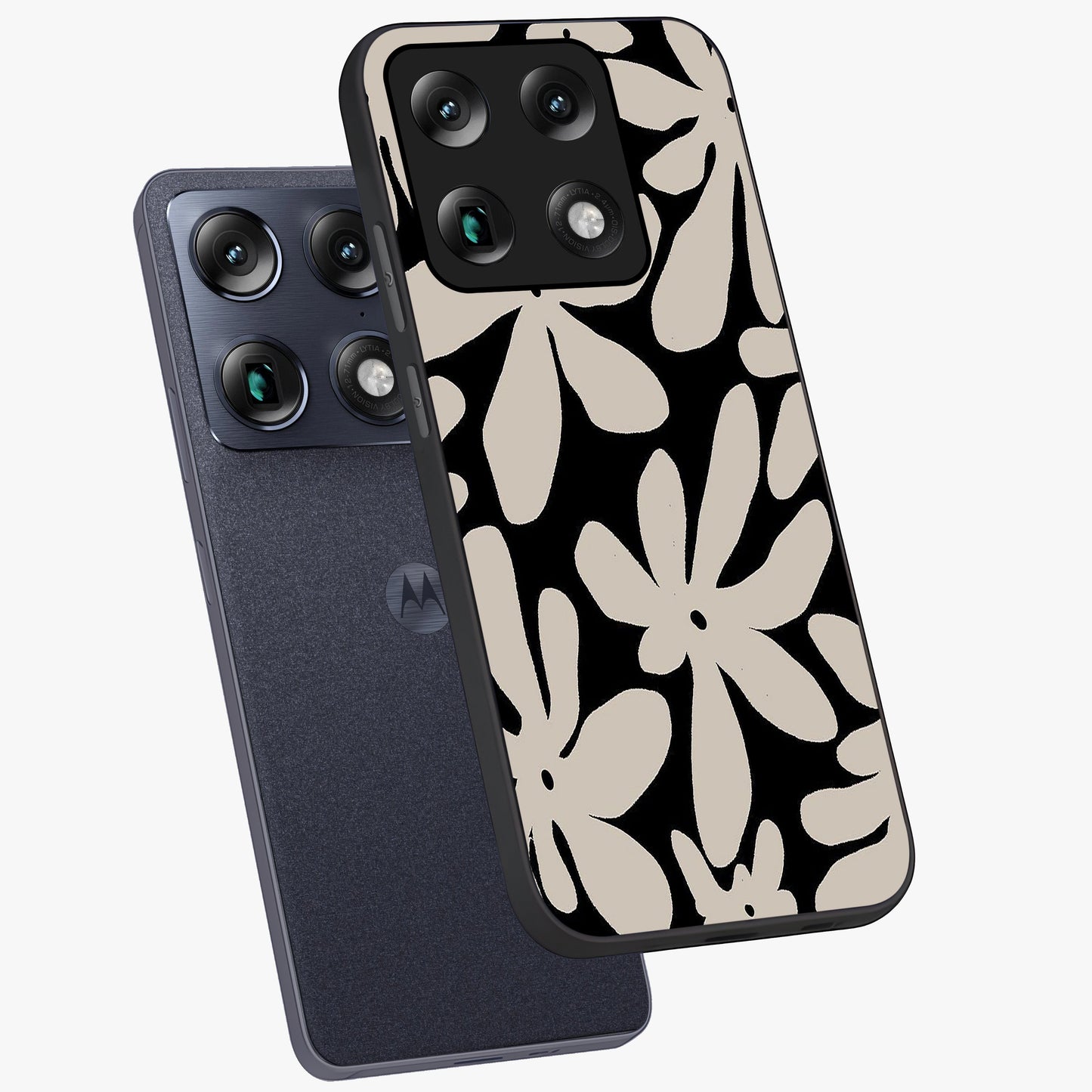 Monochrome Petal Dance Glass Case displayed in angled mockup highlighting elegant petal design with black and white aesthetic.