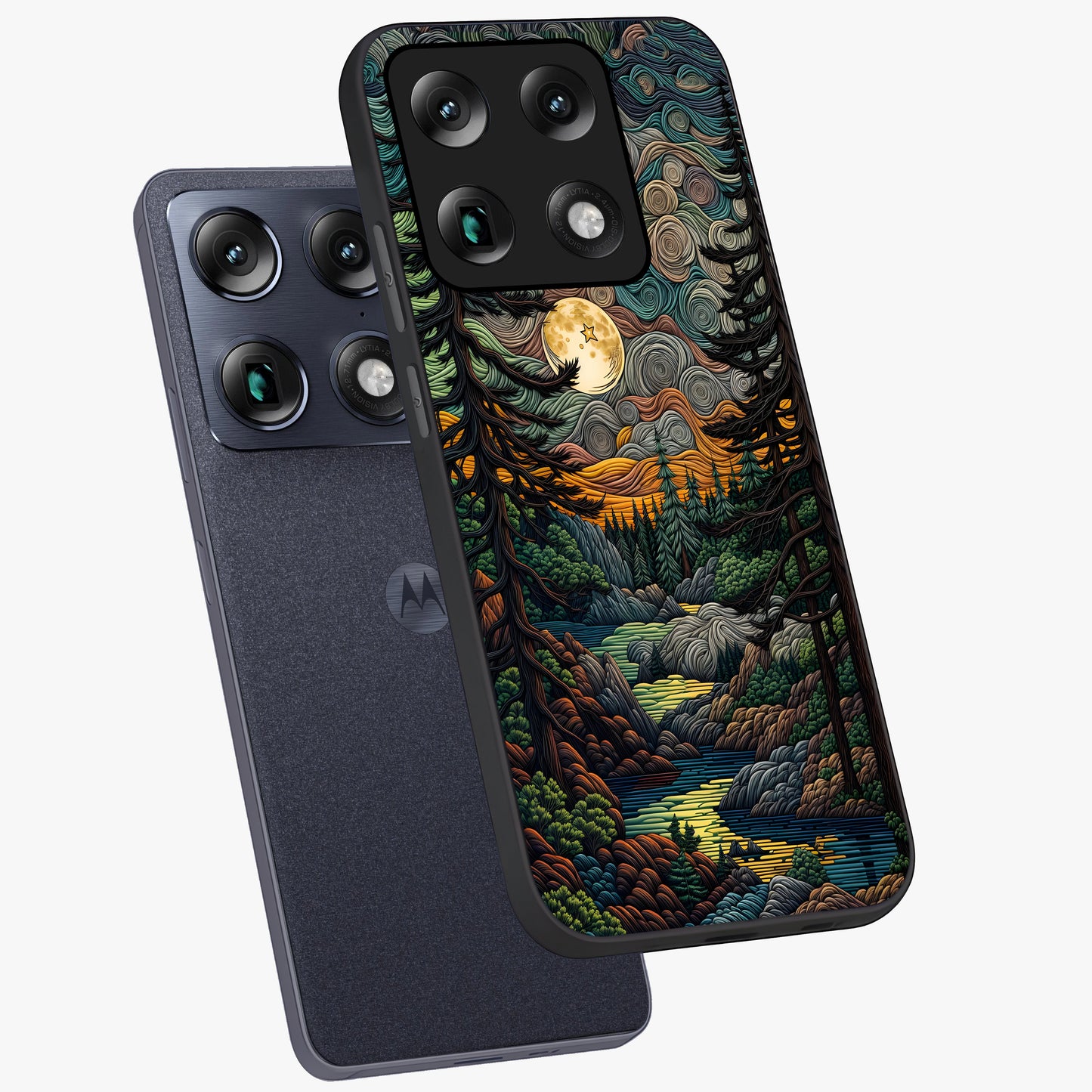 Moonlight Forest Dream Glass Case displayed in angled mockup highlighting dreamy forest design with glowing moon aesthetic.