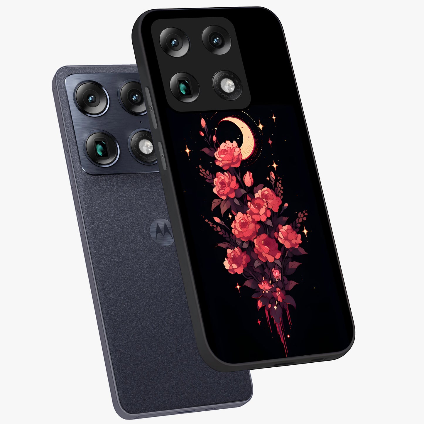 Moonlit Floral Elegance Glass Case displayed in angled mockup highlighting graceful flower design with soft moonlight aesthetic.