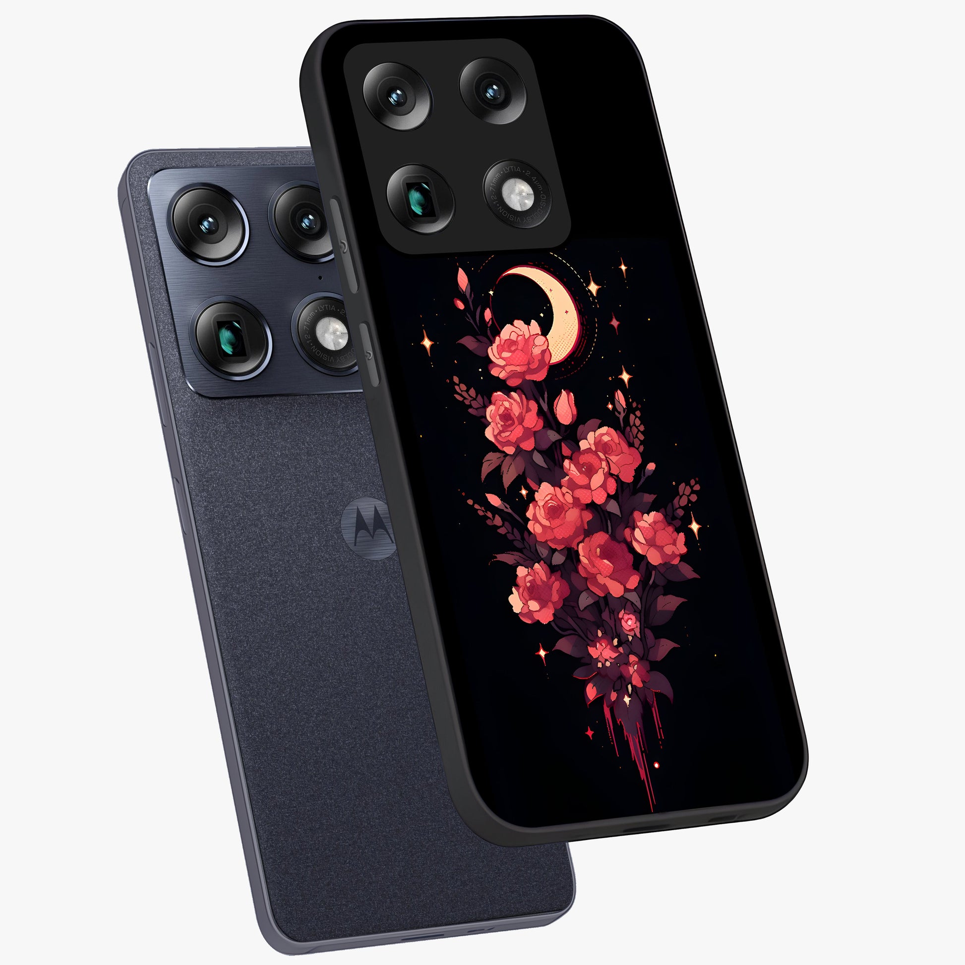 Moonlit Floral Elegance Glass Case displayed in angled mockup highlighting graceful flower design with soft moonlight aesthetic.