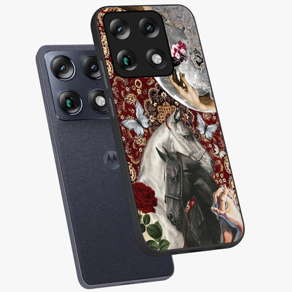 Moonlit Royal Stallion Glass Case displayed in angled mockup highlighting powerful stallion illustration with royal night aesthetic.