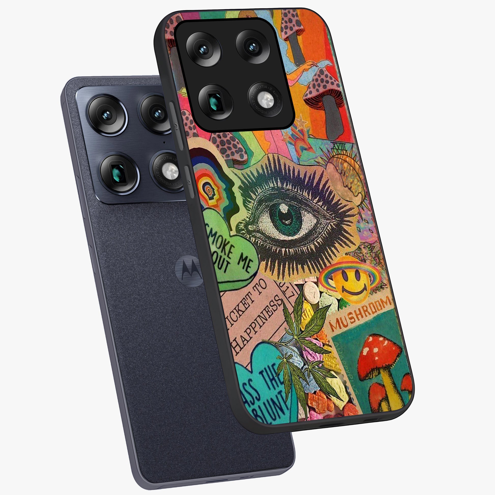 Mystic Eye Wonderland Glass Case displayed in angled mockup highlighting magical eye illustration with dreamy aesthetic.
