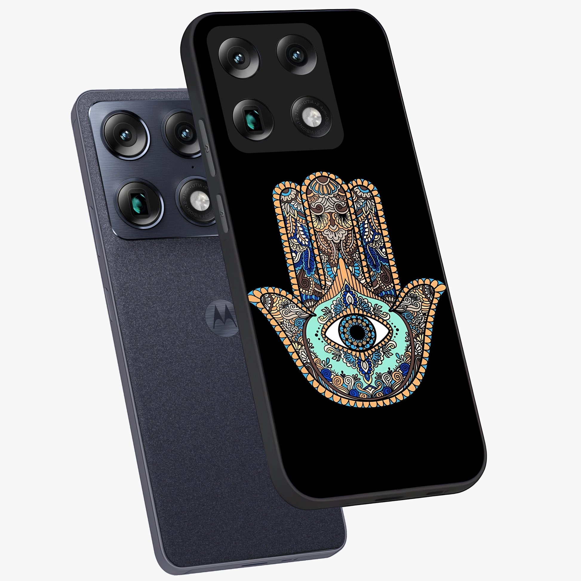 Mystic Hamsa Eye Glass Case displayed in angled mockup highlighting spiritual hamsa symbol with mystical aesthetic style.