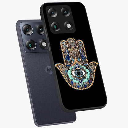 Mystic Hamsa Eye Glass Case displayed in angled mockup highlighting spiritual hamsa symbol with mystical aesthetic style.