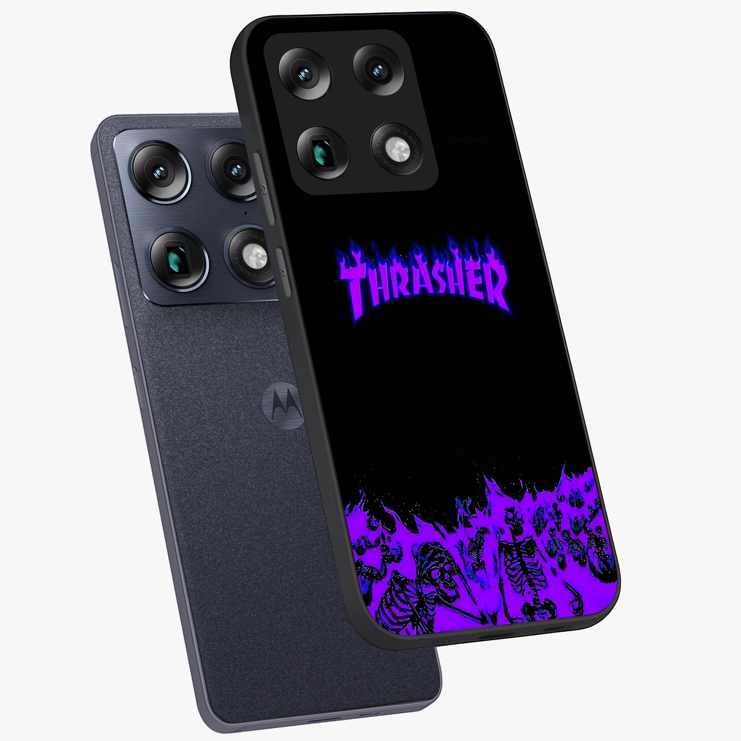 Neon Flame Riot Glass Case displayed in angled mockup highlighting glowing flame design with vibrant neon aesthetic.