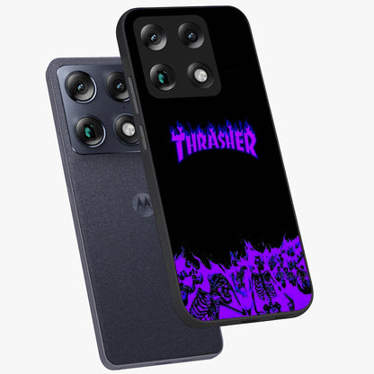 Neon Flame Riot Glass Case displayed in angled mockup highlighting glowing flame design with vibrant neon aesthetic.
