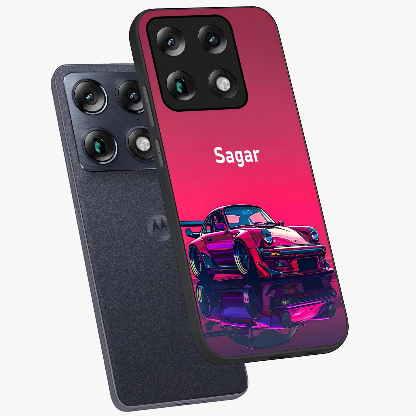 Neon Pink Porsche Glass Case displayed in angled mockup highlighting sleek neon pink car design with racing aesthetic.