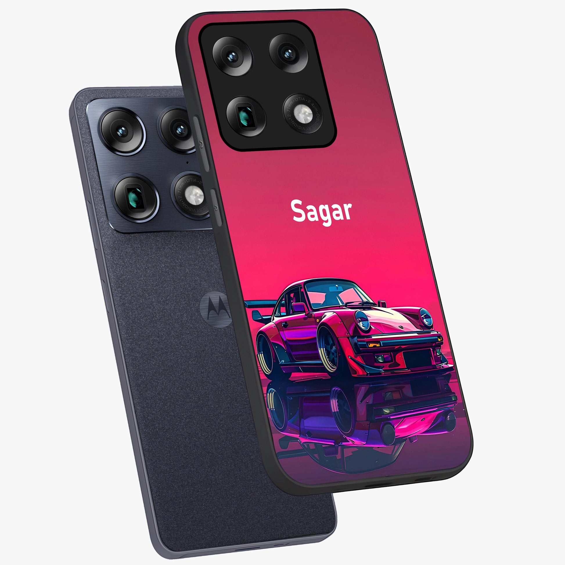 Neon Pink Porsche Glass Case displayed in angled mockup highlighting sleek neon pink car design with racing aesthetic.