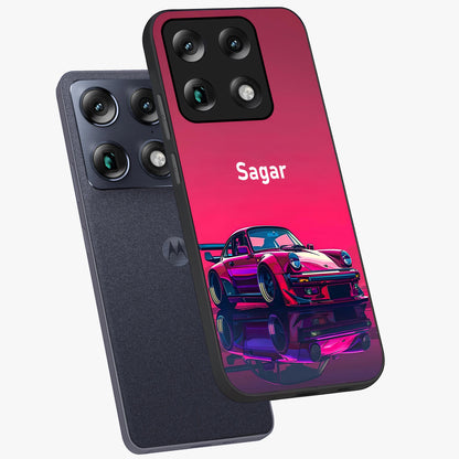 Neon Pink Porsche Glass Case displayed in angled mockup highlighting sleek neon pink car design with racing aesthetic.