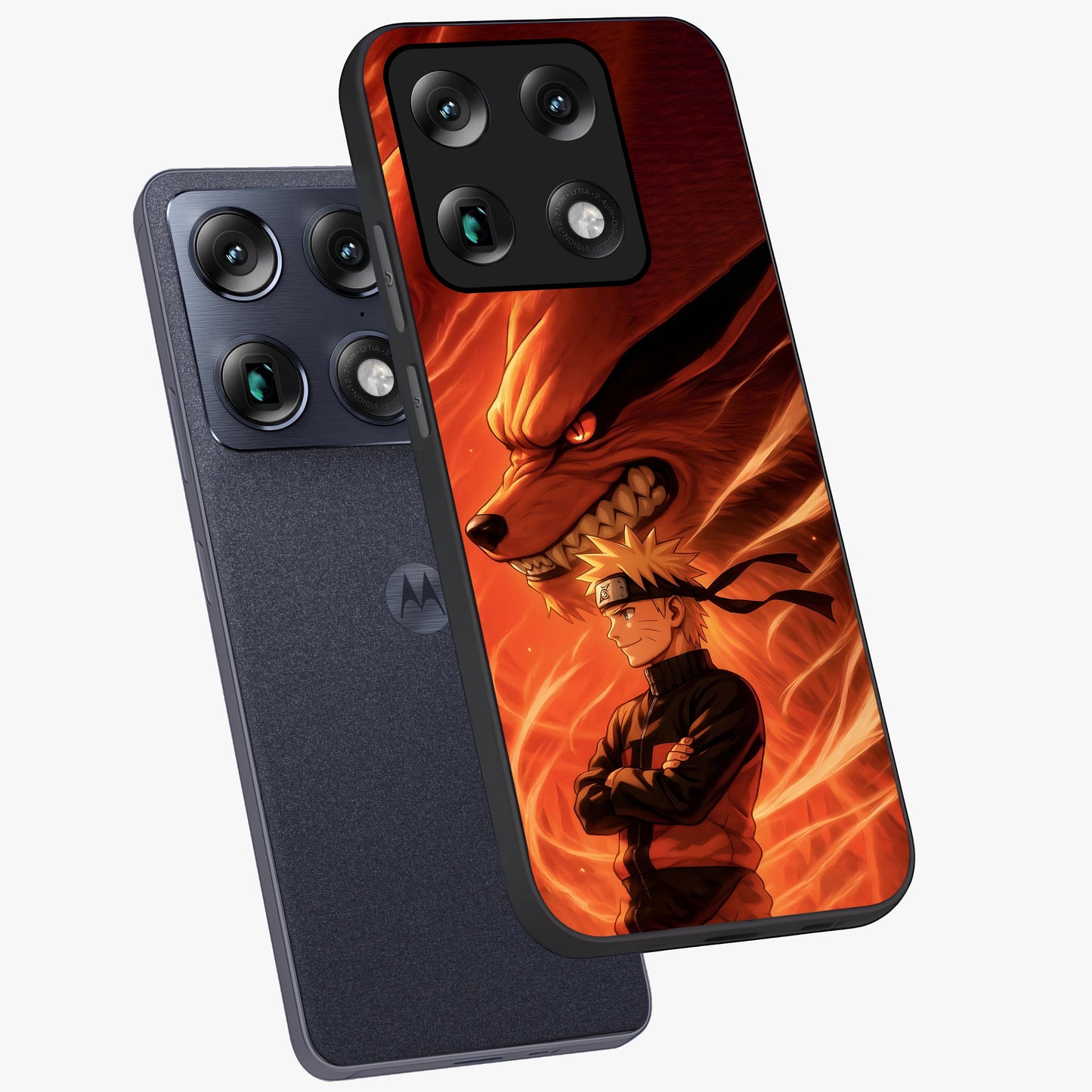 Nine Tails Legacy Glass Case displayed in angled mockup highlighting dynamic anime beast illustration with bold mystical aesthetic.