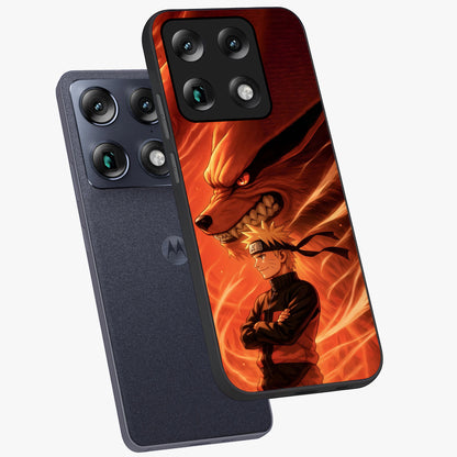 Nine Tails Legacy Glass Case displayed in angled mockup highlighting dynamic anime beast illustration with bold mystical aesthetic.