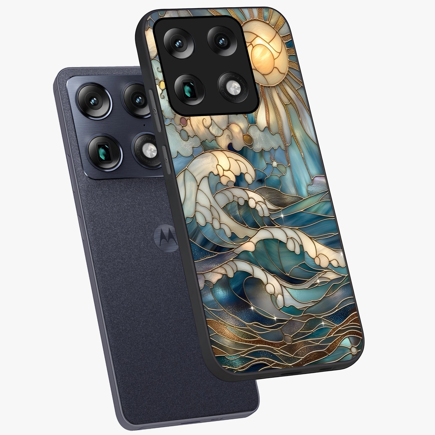 Oceanic Stained Printed Glass Case displayed in angled mockup highlighting colorful aquatic design with artistic aesthetic style.