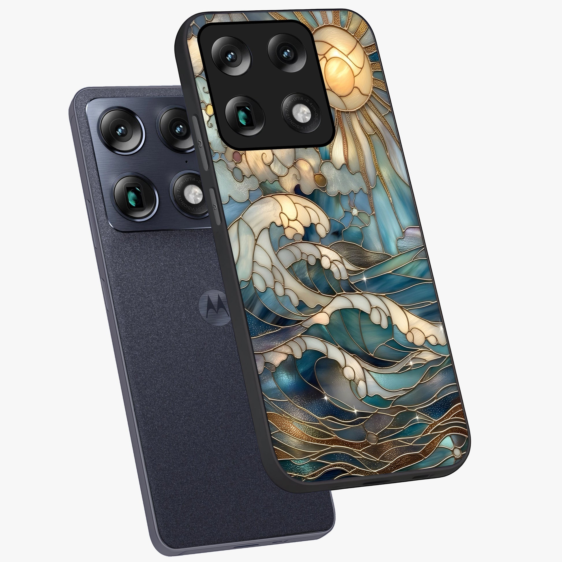 Oceanic Stained Printed Glass Case displayed in angled mockup highlighting colorful aquatic design with artistic aesthetic style.