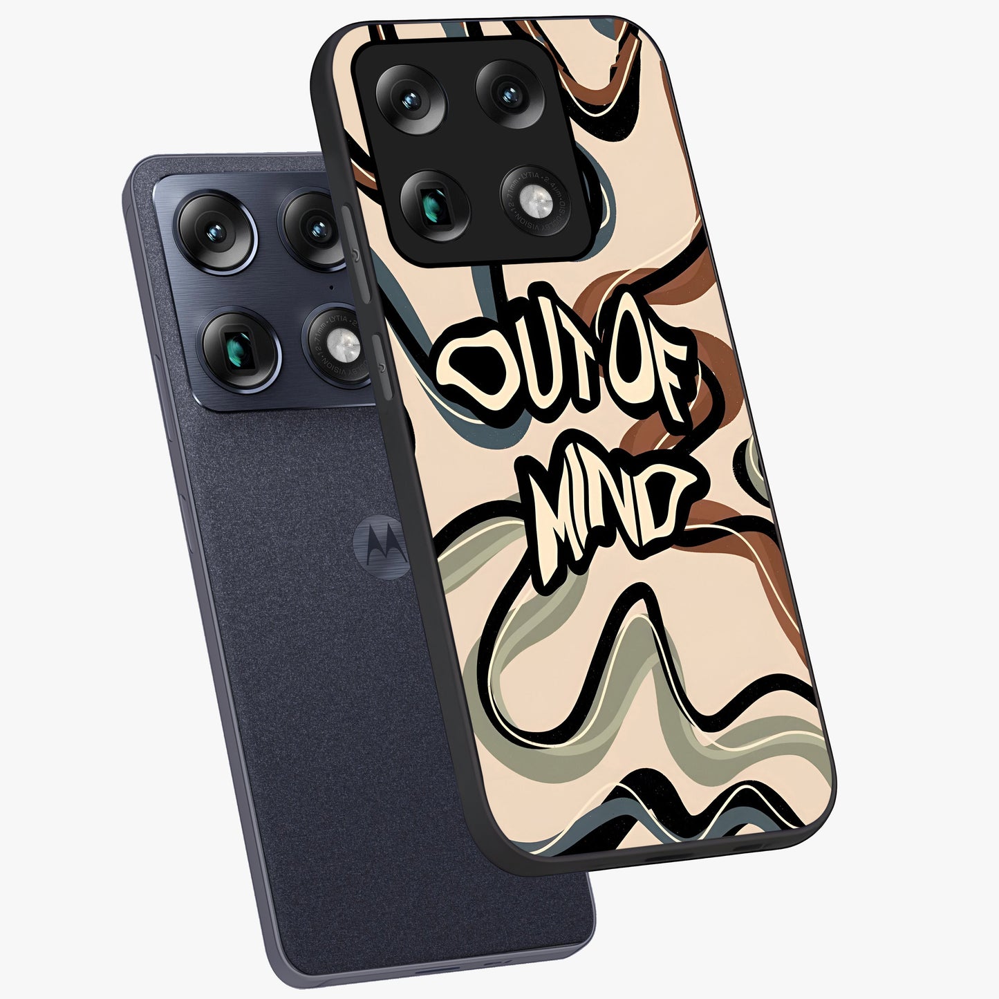 Out Of Mind Glass Case displayed in angled mockup highlighting bold statement design with modern artistic aesthetic.