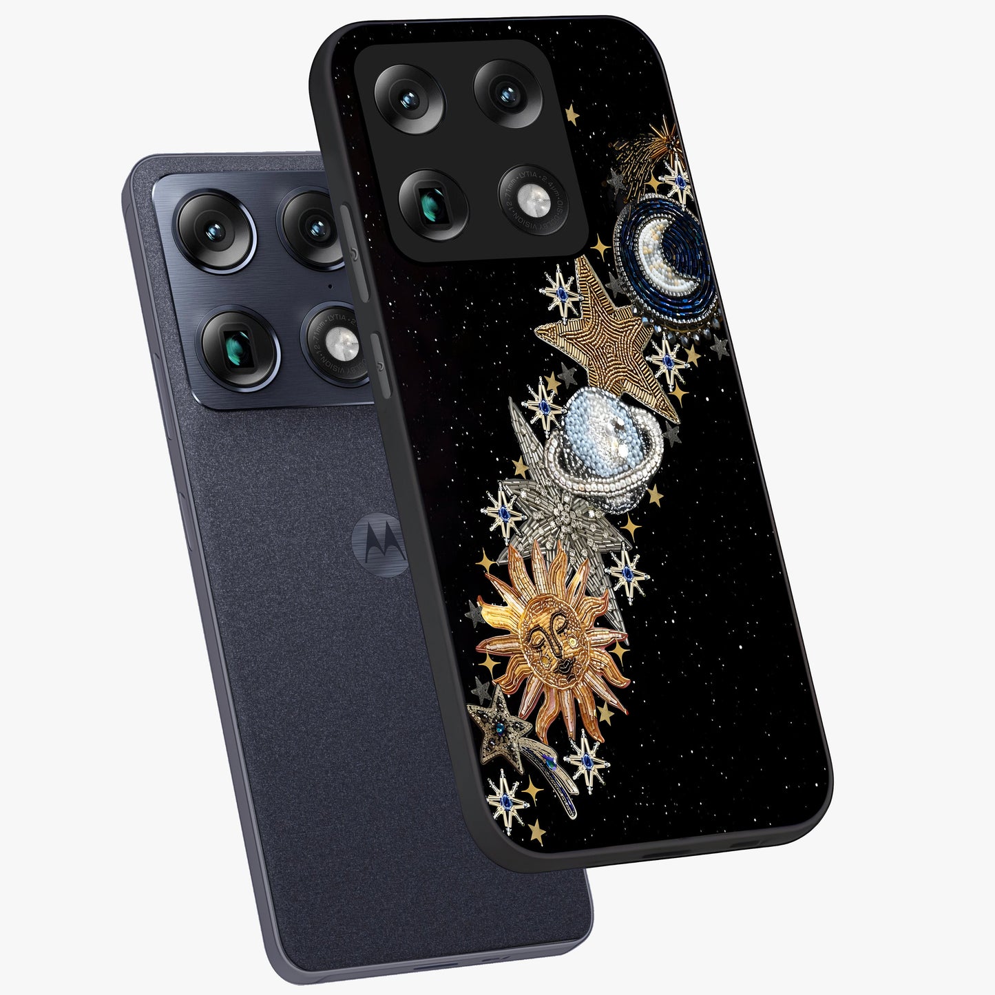 Pearls Universe Object Glass Case displayed in angled mockup highlighting celestial pearl design with dreamy aesthetic.