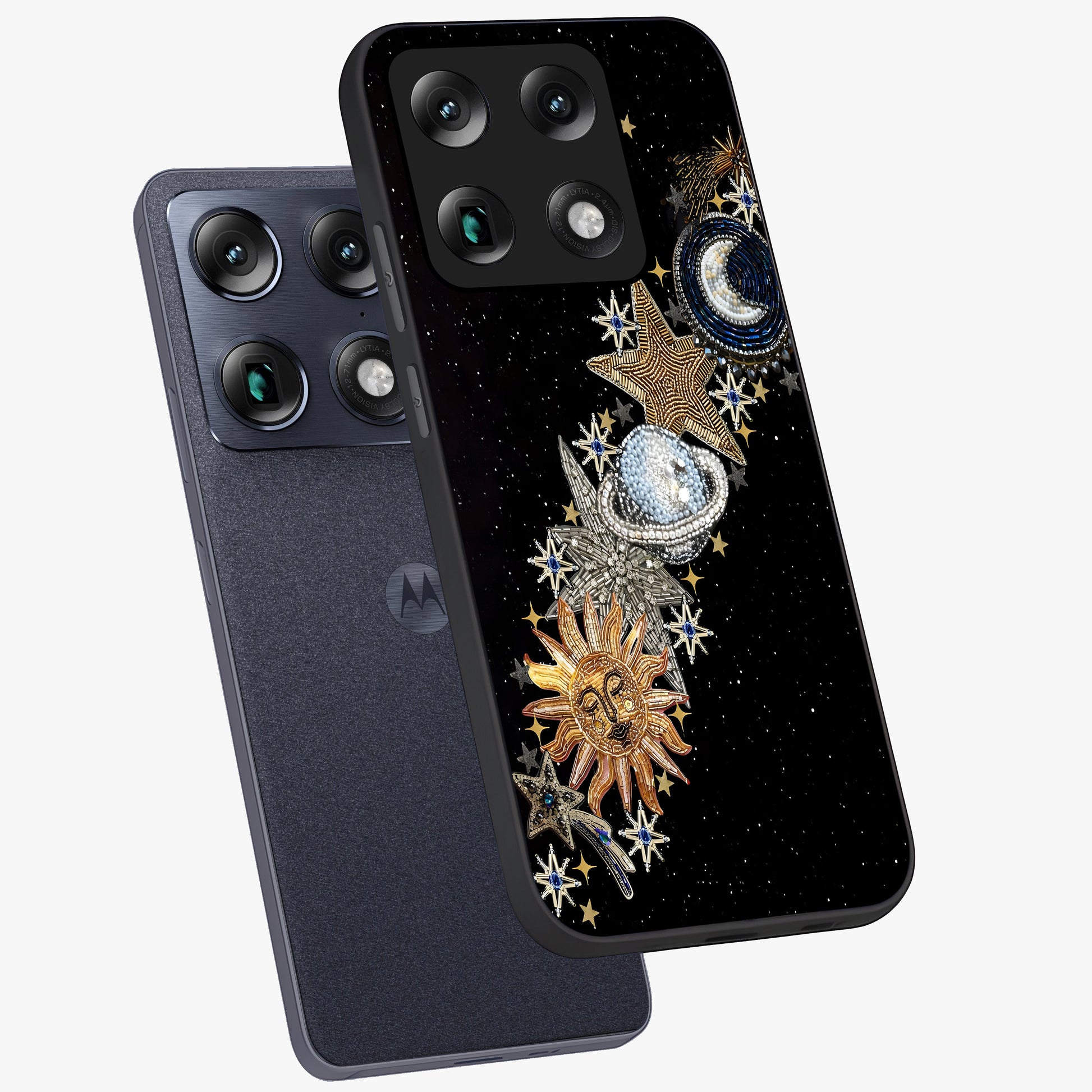 Pearls Universe Object Glass Case displayed in angled mockup highlighting celestial pearl design with dreamy aesthetic.