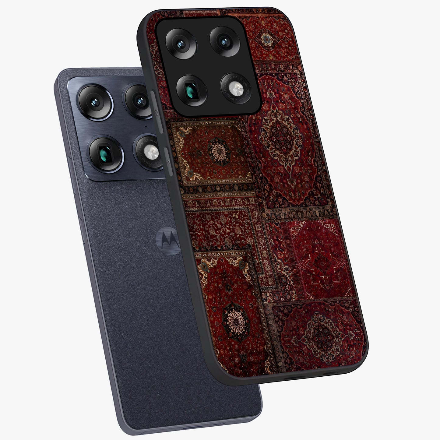 Persian Velvet Tale Glass Case displayed in angled mockup highlighting ornate textile inspired design with royal aesthetic.