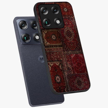 Persian Velvet Tale Glass Case displayed in angled mockup highlighting ornate textile inspired design with royal aesthetic.
