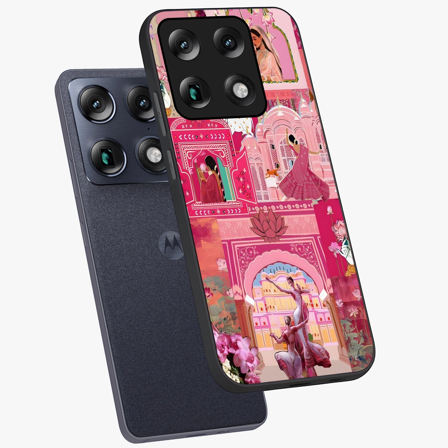 Pink Palace Muse Glass Case displayed in angled mockup highlighting dreamy palace illustration with soft pink aesthetic.