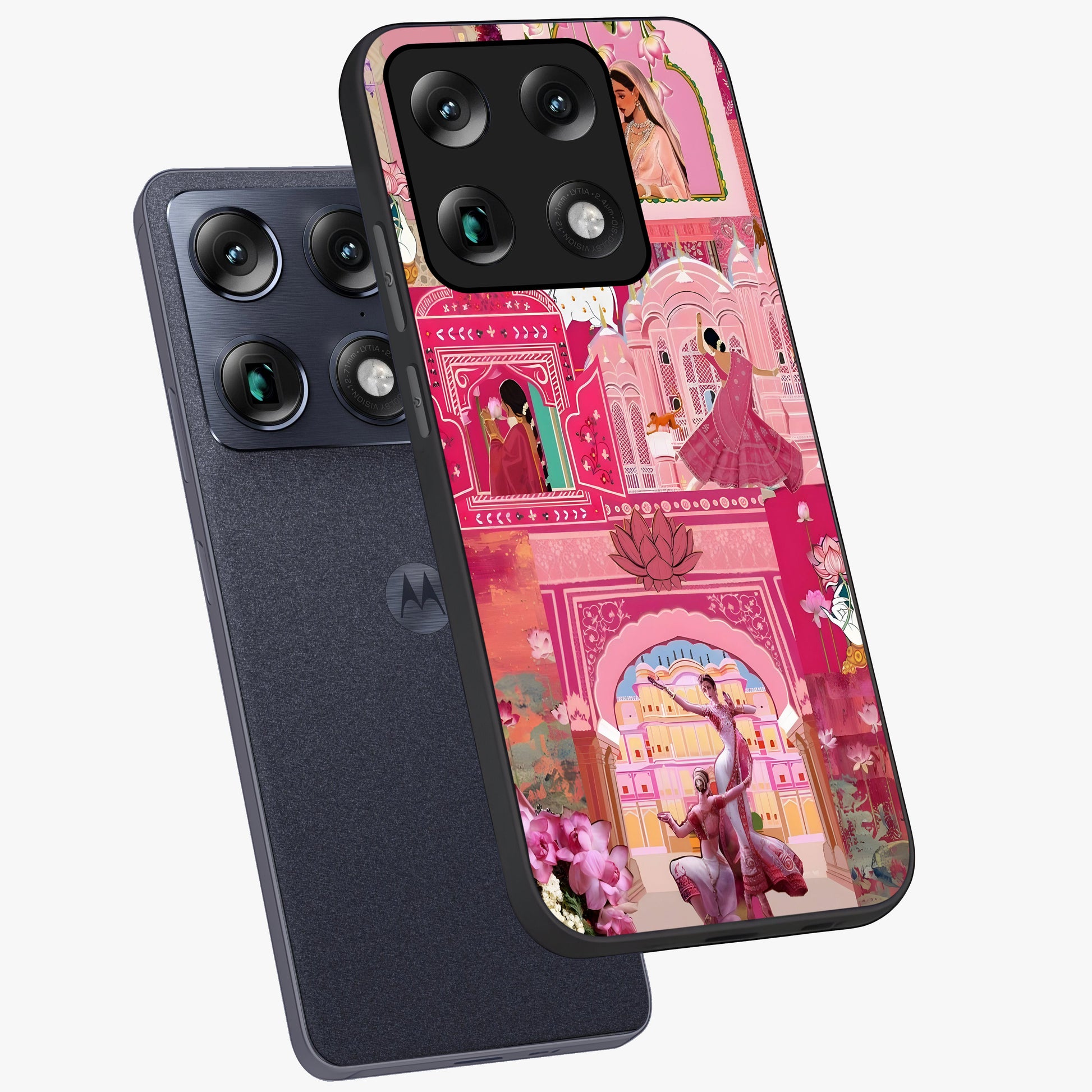 Pink Palace Muse Glass Case displayed in angled mockup highlighting dreamy palace illustration with soft pink aesthetic.