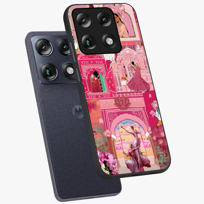 Pink Palace Muse Glass Case displayed in angled mockup highlighting dreamy palace illustration with soft pink aesthetic.