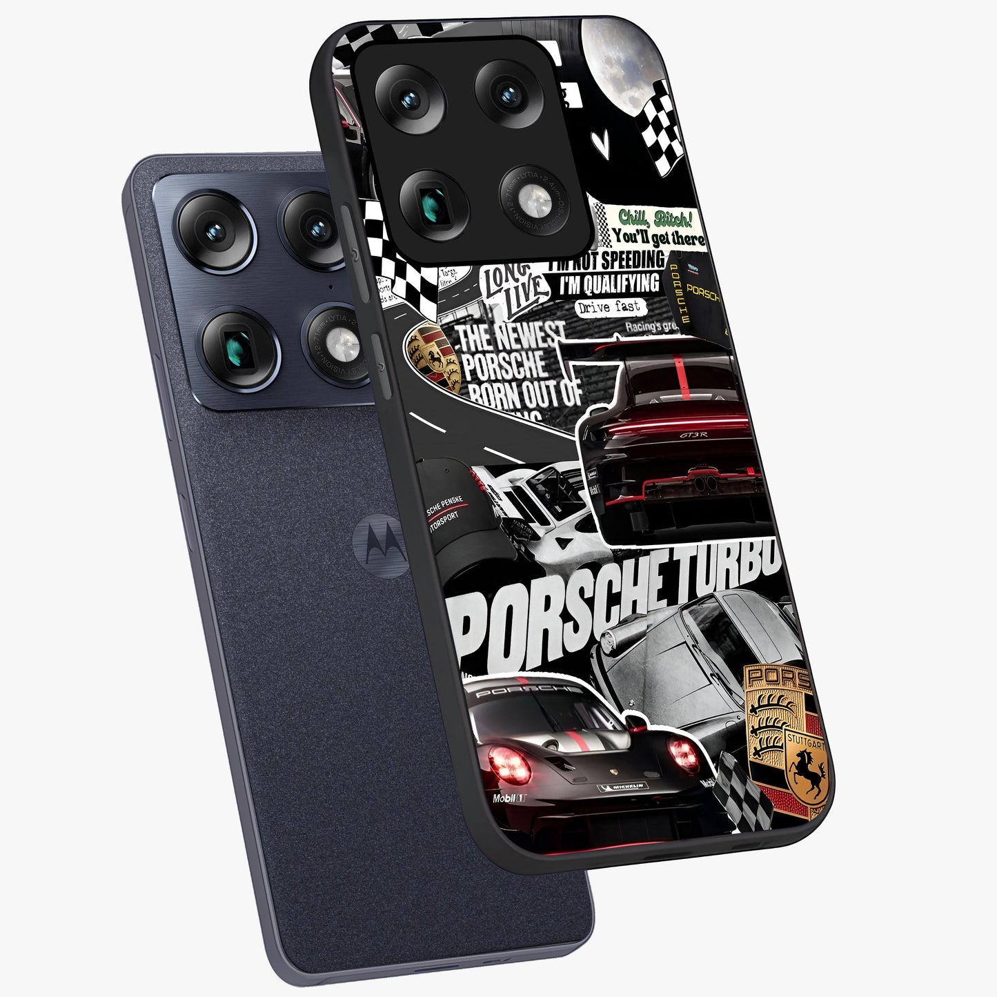 Porsche Racing Collage Glass Case displayed in angled mockup highlighting dynamic automotive design with bold racing aesthetic.