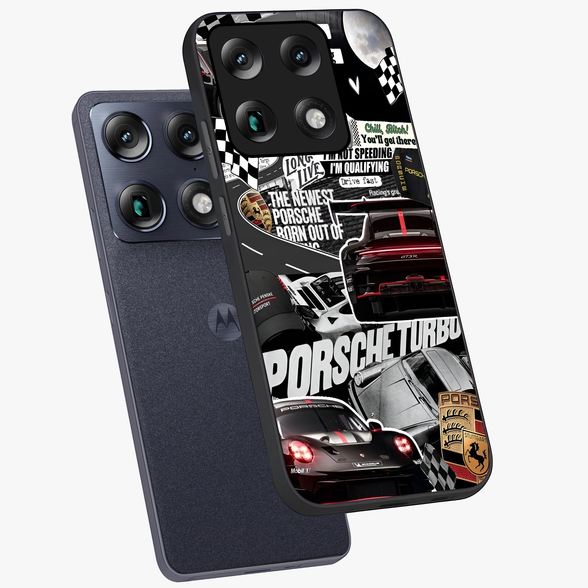 Porsche Racing Collage Glass Case displayed in angled mockup highlighting dynamic automotive design with bold racing aesthetic.