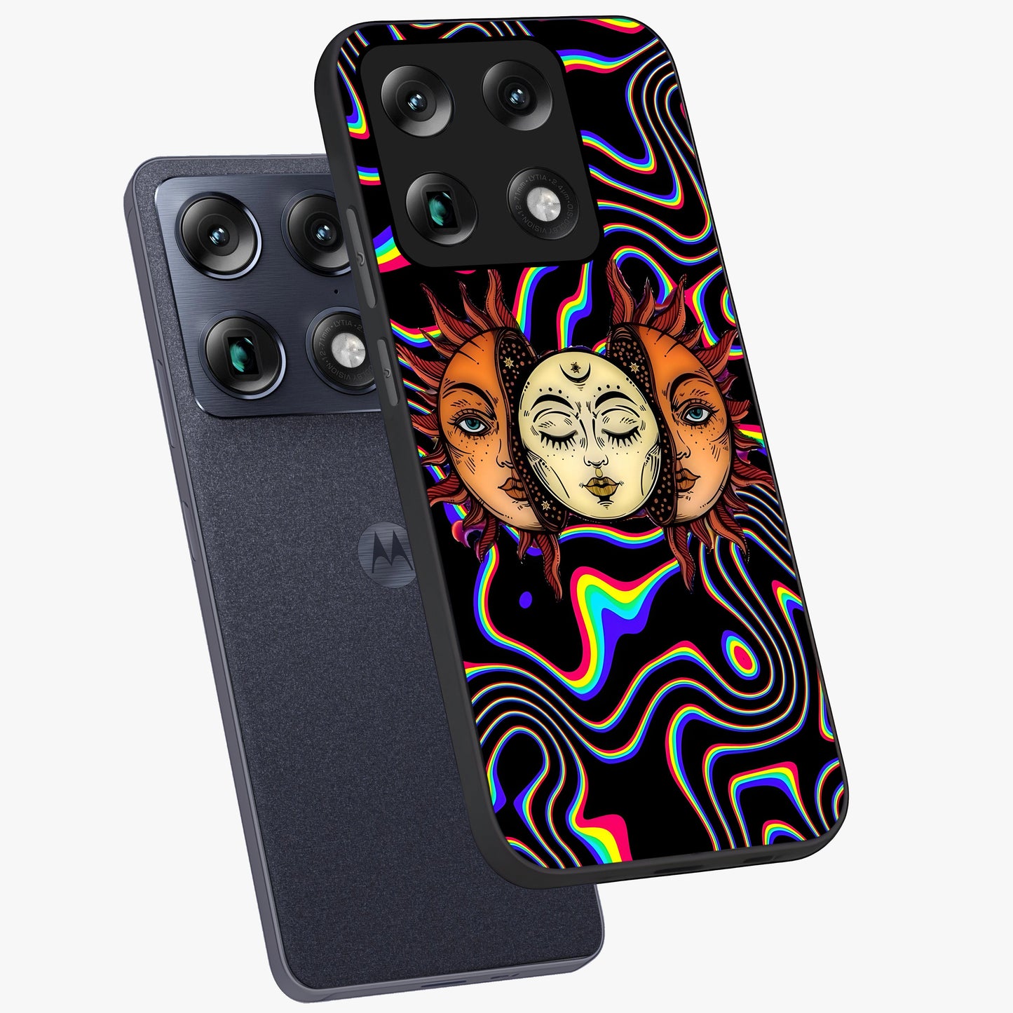 Psychedelic Sun Glass Case displayed in angled mockup highlighting vibrant abstract sun design with artistic aesthetic style.