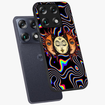 Psychedelic Sun Glass Case displayed in angled mockup highlighting vibrant abstract sun design with artistic aesthetic style.