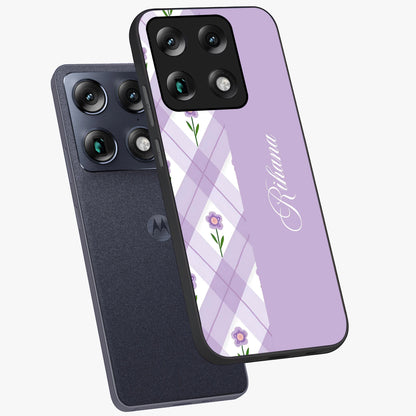 Purple Diamond Floral Glass Case displayed in angled mockup highlighting elegant purple flower design with decorative pattern.