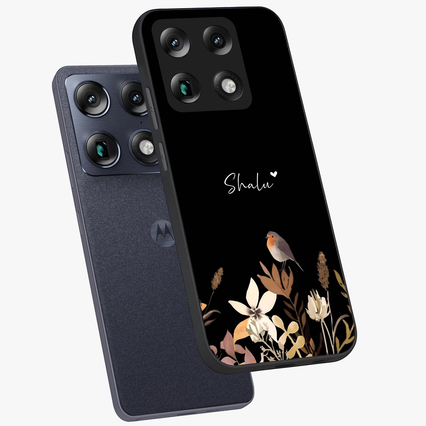 Quiet Garden Tune Custom Name Glass Case displayed in angled mockup highlighting delicate floral garden design with custom name feature.