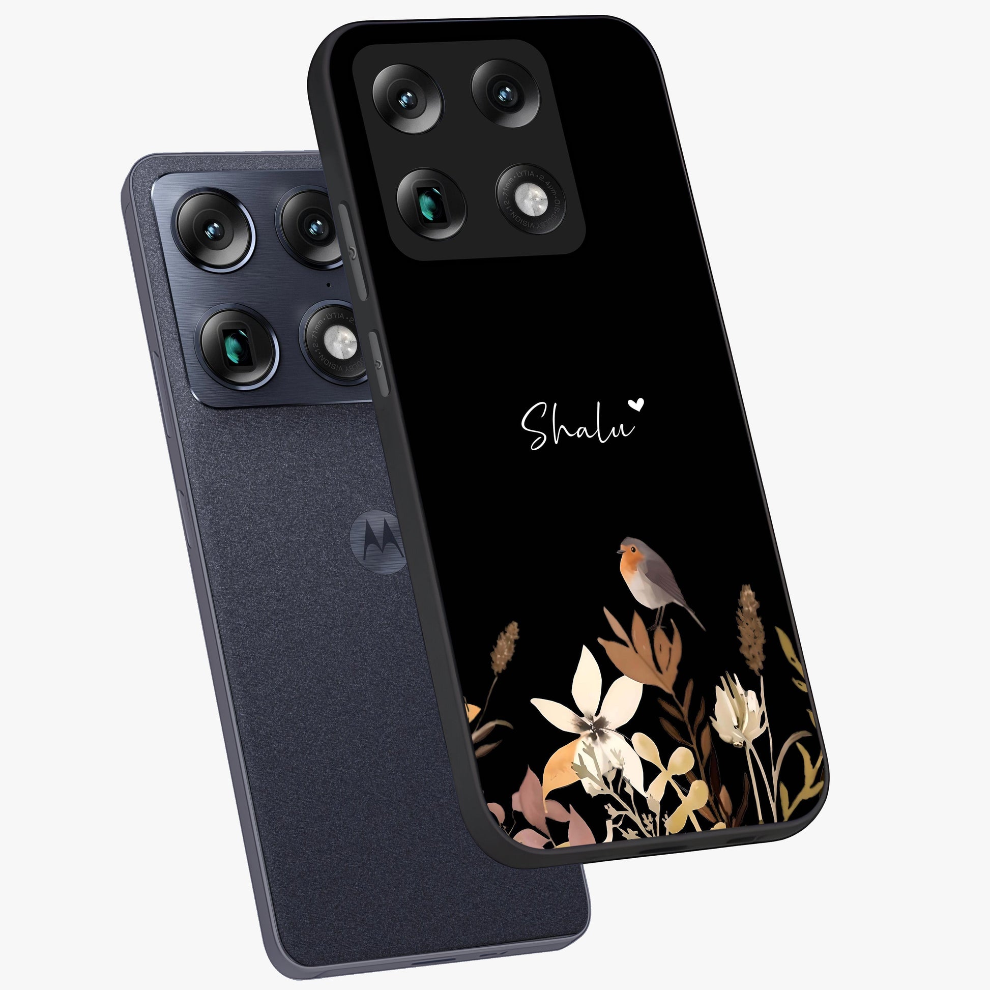 Quiet Garden Tune Custom Name Glass Case displayed in angled mockup highlighting delicate floral garden design with custom name feature.
