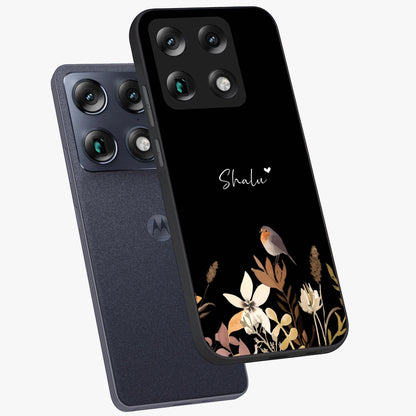 Quiet Garden Tune Custom Name Glass Case displayed in angled mockup highlighting delicate floral garden design with custom name feature.