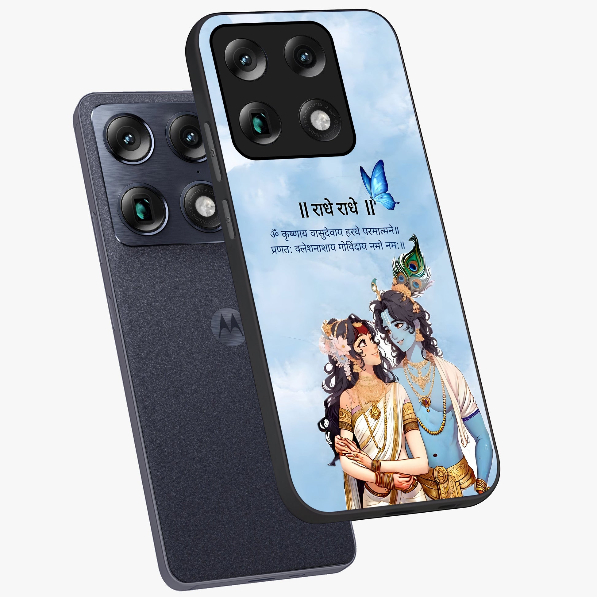 Radha Krishna Eternal Glass Case displayed in angled mockup highlighting divine Radha Krishna illustration with spiritual aesthetic.