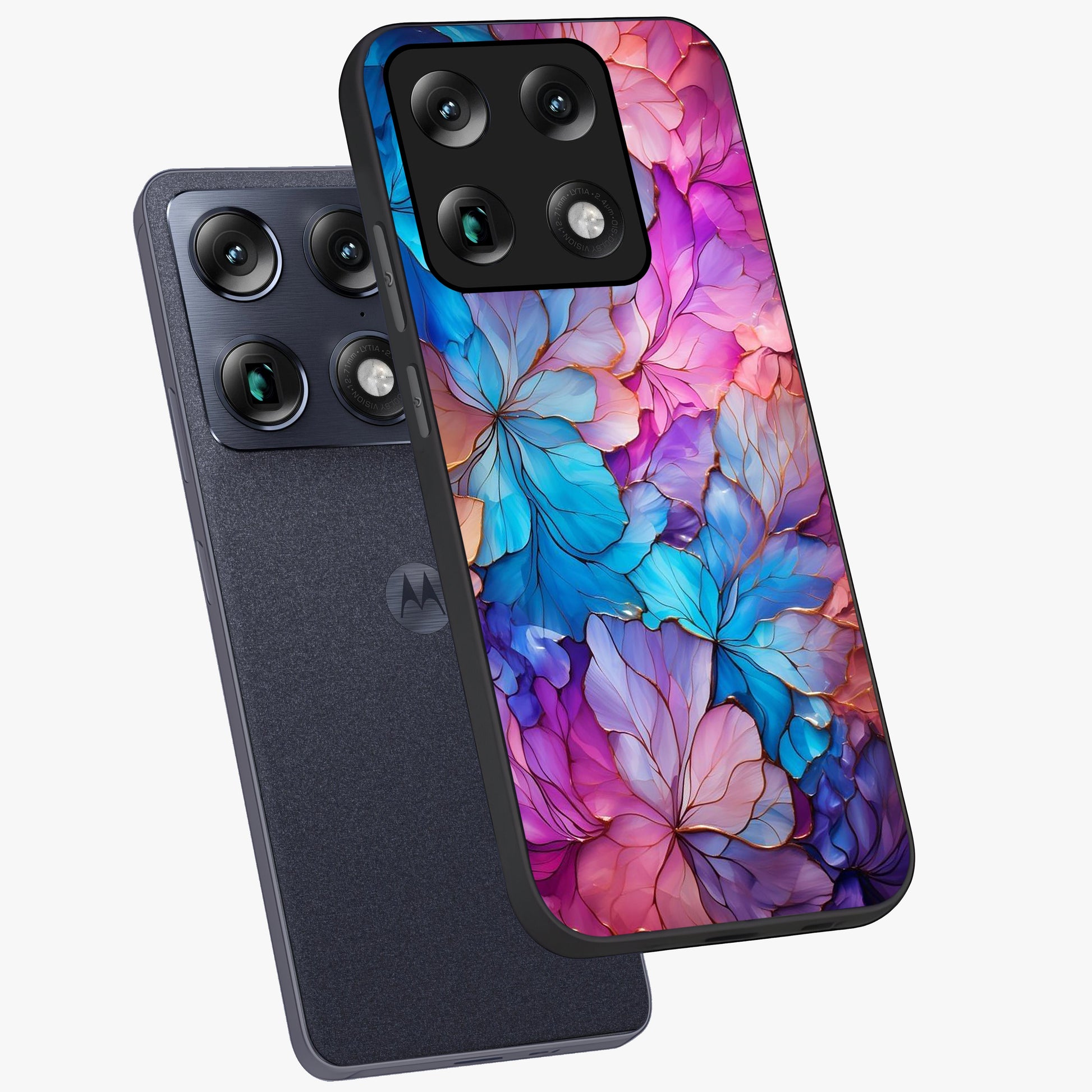 Radiant Floral Whirl Glass Case displayed in angled mockup highlighting vibrant flower pattern with dynamic artistic aesthetic.