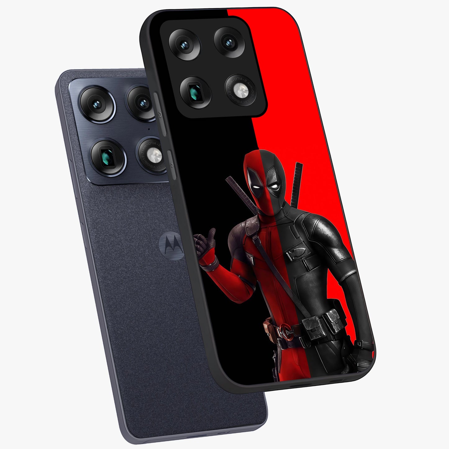 Red & Black Deadpool Theme Glass Case displayed in angled mockup highlighting vibrant superhero style illustration with action aesthetic.